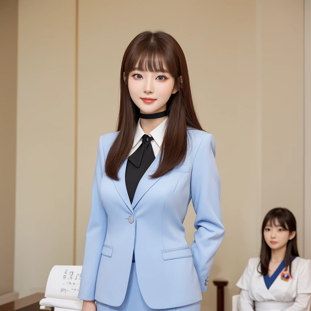 Award-winning photo, ((thousands of, Hundreds of beautiful girls:1.4)), gorgeous women, Wearing the same maid clothes, ((inside the palace, very detailed)), (perfect face, very detailed faces, perfect eyes), different hair colors, ((cute face)), looking at the viewer, smile, Hilarious, Big breasts, black choker. Blue eyes, perfect makeup, bangs, asian woman in arafed, korean girl, gorgeous young korean woman, beautiful south korean woman, seductive anime girl, beautiful asian girl, beautiful young korean woman, japanese goddess, korean woman, ((straight hair, brown hair))、mini skirt、((Formal suit、business style、office suit、Alignment))、((Maids doing alignment)), ((audience, Ceremony at the palace)), facing the camera and smiling, uniform, smooth skin、beautiful girl、Women's University