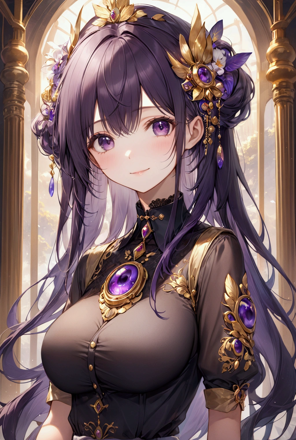 (Highest quality, 8k, 32K, masterpiece, Ultra-high resolution,:1.2),to be born, One Girl,So cute , hair ornaments, eye, Multicolored Hair,Upper Body, dark purple hair, collar, 金色のFantasy背景, clear, 輝くeye, Age 25 ,Fair skin, dark purple hairの少女, Open chest shirt, Long Hair, An innocent smile, Large Breasts, Fantasy