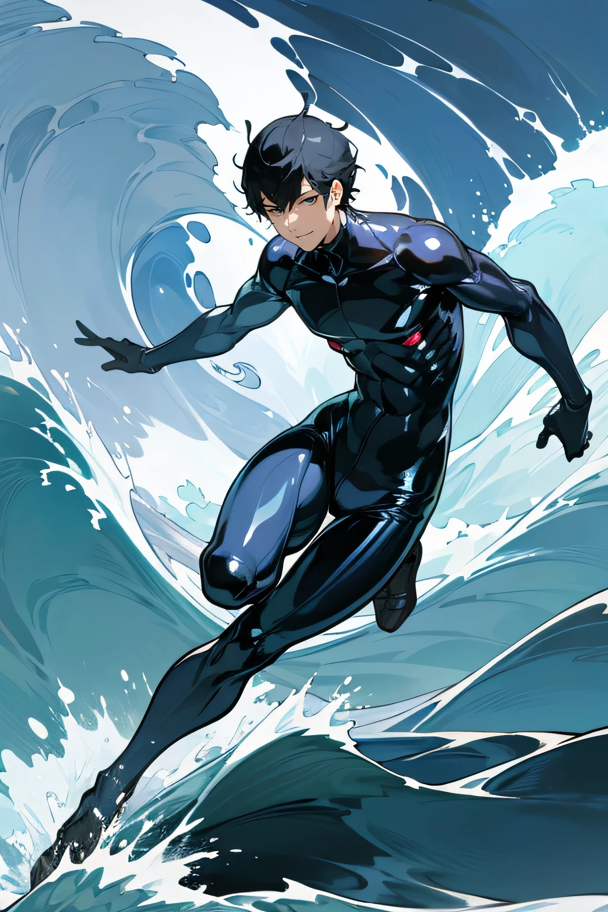 Handsome Japanese male models 　Black Hair　　Short cut　Shaved head　　　Slim figure　　　　smile　looking at the camera　Shiny full-body silver suit　　　Shiny silver latex suit　The background is a lot of water splashing　 Big Wave　　Wave vortex　soaked　　Shine　　　Dynamic Movement　　Bulge　　Background Bright sky　Hokusai's Wave 　Upper body close-up　Face close-up
