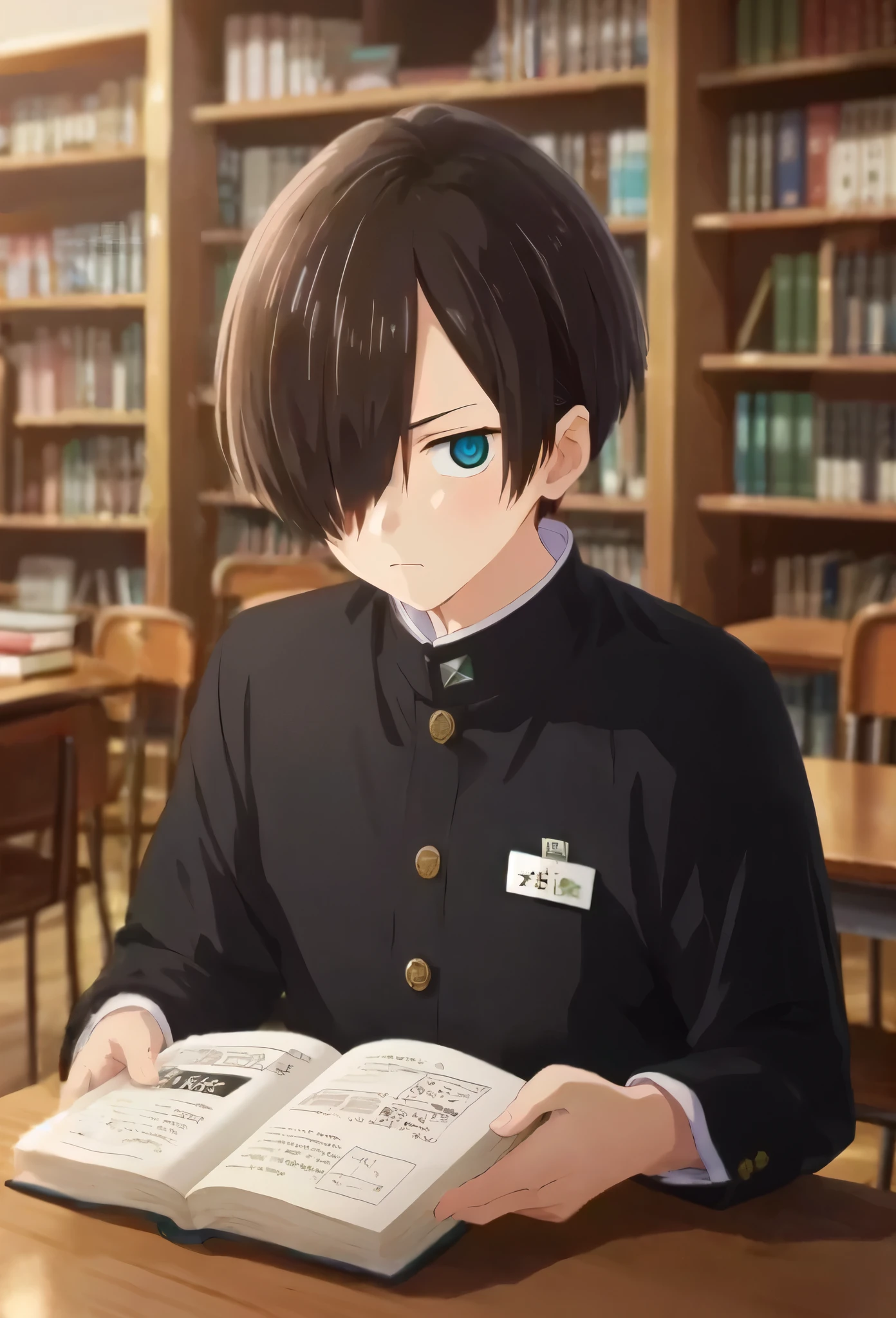 source anime, complex parts, (realistic:0.6), looking at the viewer, depth of field, 1 boy, male, focus, Kyotaro_Itikawa, Brown hair, Blue eyes, short hair, hair over one eye, bang, Science fiction, the action takes place in the library, the character is sitting at the table, holding a book with both hands, traditional clothes of a Japanese schoolboy with gold buttons, small green and white emblem on the collar, white name tag on the chest, black shirt, mouth, detailed, sullen expression