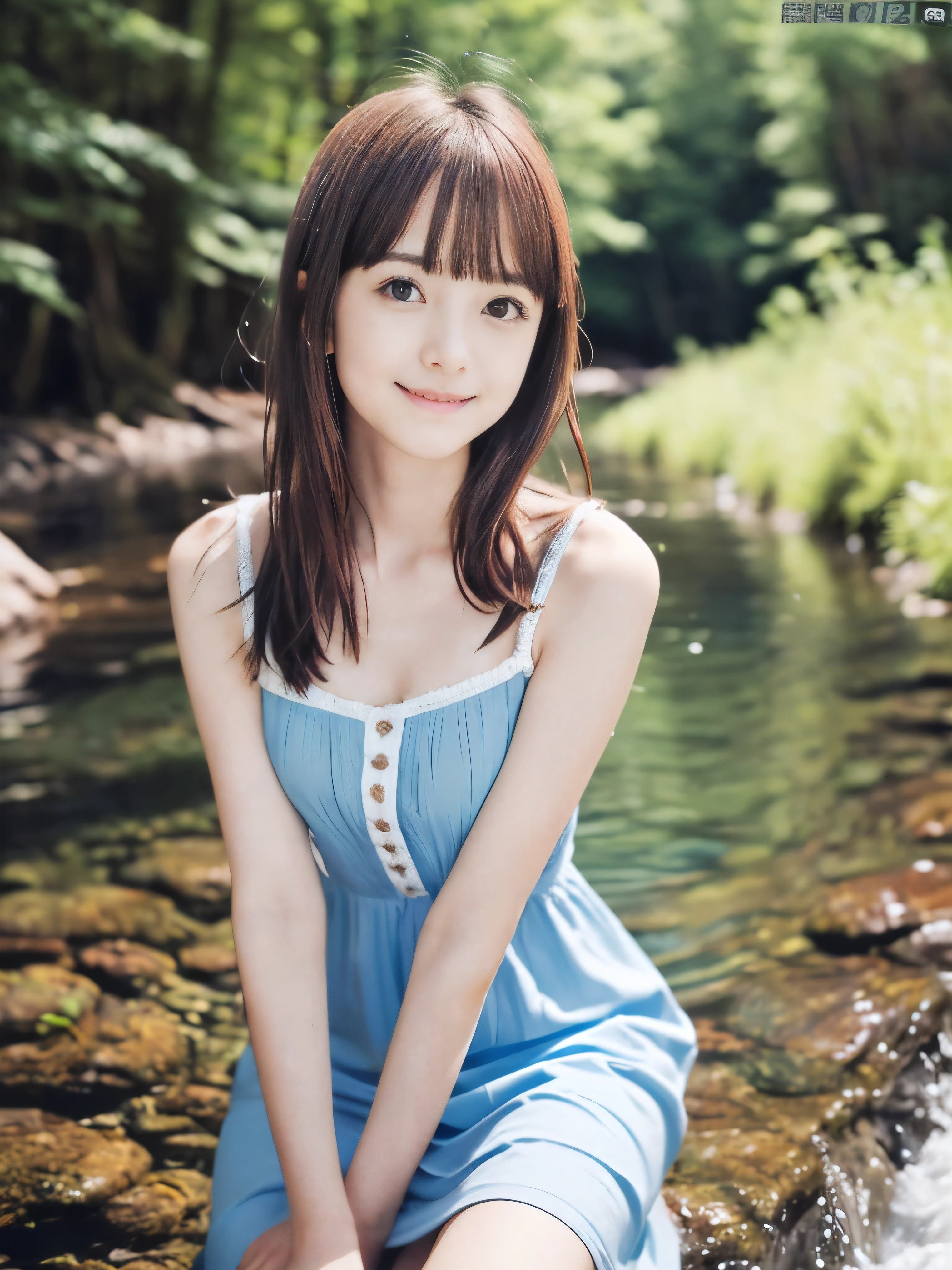 (Close up portrait of slender small-ed red brown wavy long hair with dull bangs girl wearing a white summer dress:1.5)、(One girl is playing with shy smile in the clear stream and water fall at the forest in Japan:1.5)、(Subeautiful blue sky and forest:1.5)、(blurred background:1.5)、(8k ultra detailed master piece:1.5)、(perfect anatomy:1.5)、(Photorealistic stick:1.5)、(Raw photo:1.3)、(highest quality:1.5)、(High resolution:1.3)、(Delicate and beautiful perfect face:1.3)、(Delicate and beautiful eye air skin:1.3)、(Real Human Skin:1.3)、((thin legs))