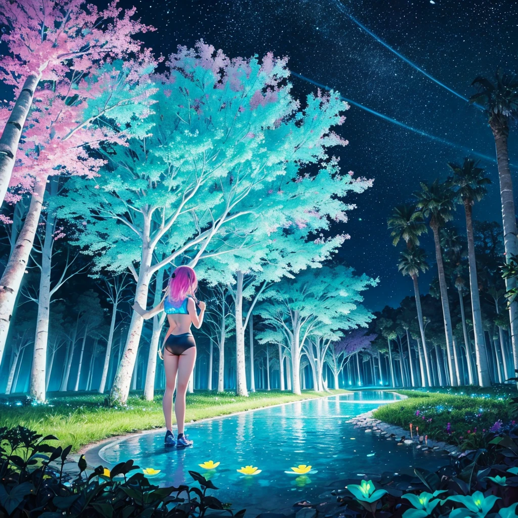 A big place with neon flowers like alien style with tribe villages and with garden in these trees their roots are kind of big neon and the trunk is kind of colorful, com rio passando com uma agua bem clara, When you look at the reflection of the water it gives neon lighting and the sky has colorful clouds (neon rave) neon lights super neon clarity, show wonderful lights wonderful night multcolor lights animal multcolor neon, radiant, creative ultra rave multicolored