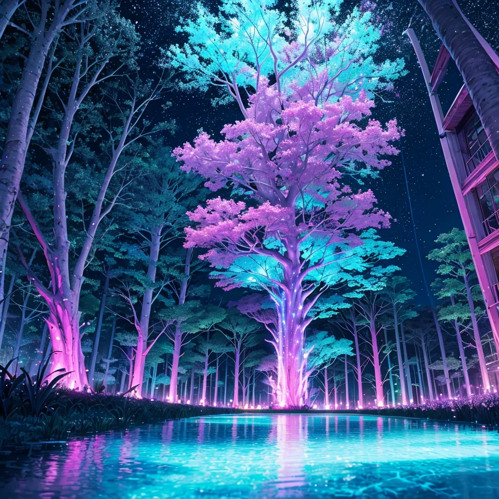 A big place with neon flowers like alien style with tribe villages and with garden in these trees their roots are kind of big neon and the trunk is kind of colorful, com rio passando com uma agua bem clara, When you look at the reflection of the water it gives neon lighting and the sky has colorful clouds (neon rave) neon lights super neon clarity, show wonderful lights wonderful night multcolor lights animal multcolor neon, radiant, creative ultra rave multicolored
