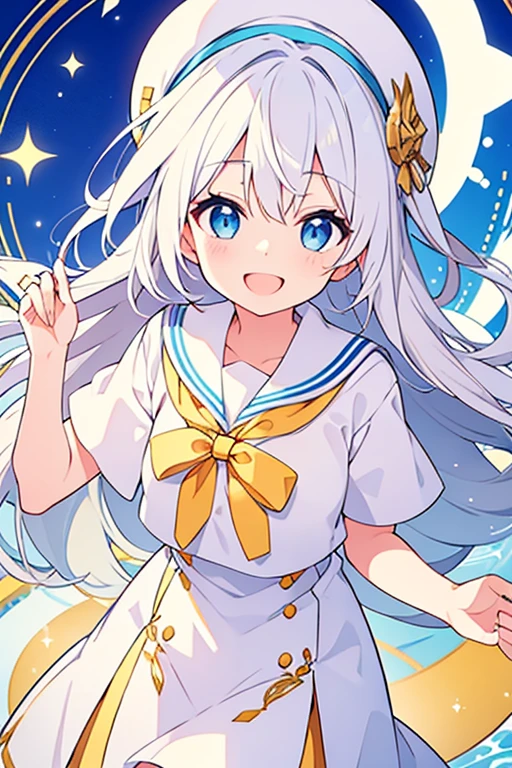 Smiling and open mouth、White hat with gold decoration、Long white hair、Sailor'White uniform