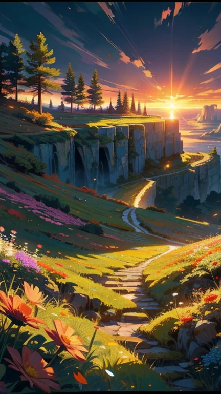 nature, Detailed lighting, Sea of Flowers, null, sunset, Wind, Fallen leaves, cliff,