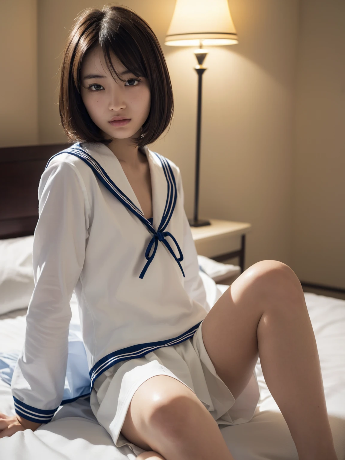 (masterpiece), Very detailed, Ultra-high resolution, Realistic, photo Realistic, High-resolution RAW color photos, Professional photos, Sharp focus, (Very detailed顔と肌の質感, Very beautiful eyes, Glossのある肌, Glowing Skin, Glowing Skin, Shining Face, Gloss, Oily skin, greasy face, Oily skin, greasy face,),, (real Glossのある肌 texture), Perfect Anatomy, Very detailed背景,((Hotel Bed)),(1 female,25-year-old woman, Japanese women),(lean slender body),(short hair, Straight hair, bangs, Brown Hair),(Flat Chest:1.6), (((Short Sleeve White Sailor School Uni形状 、Navy blue pleated skirt:1.5)))、((Sleep on your back)),(From above:1.4)、((((Spread your legs:1.3,Cum in vagina:1.5、Reaching orgasm:1.5))))