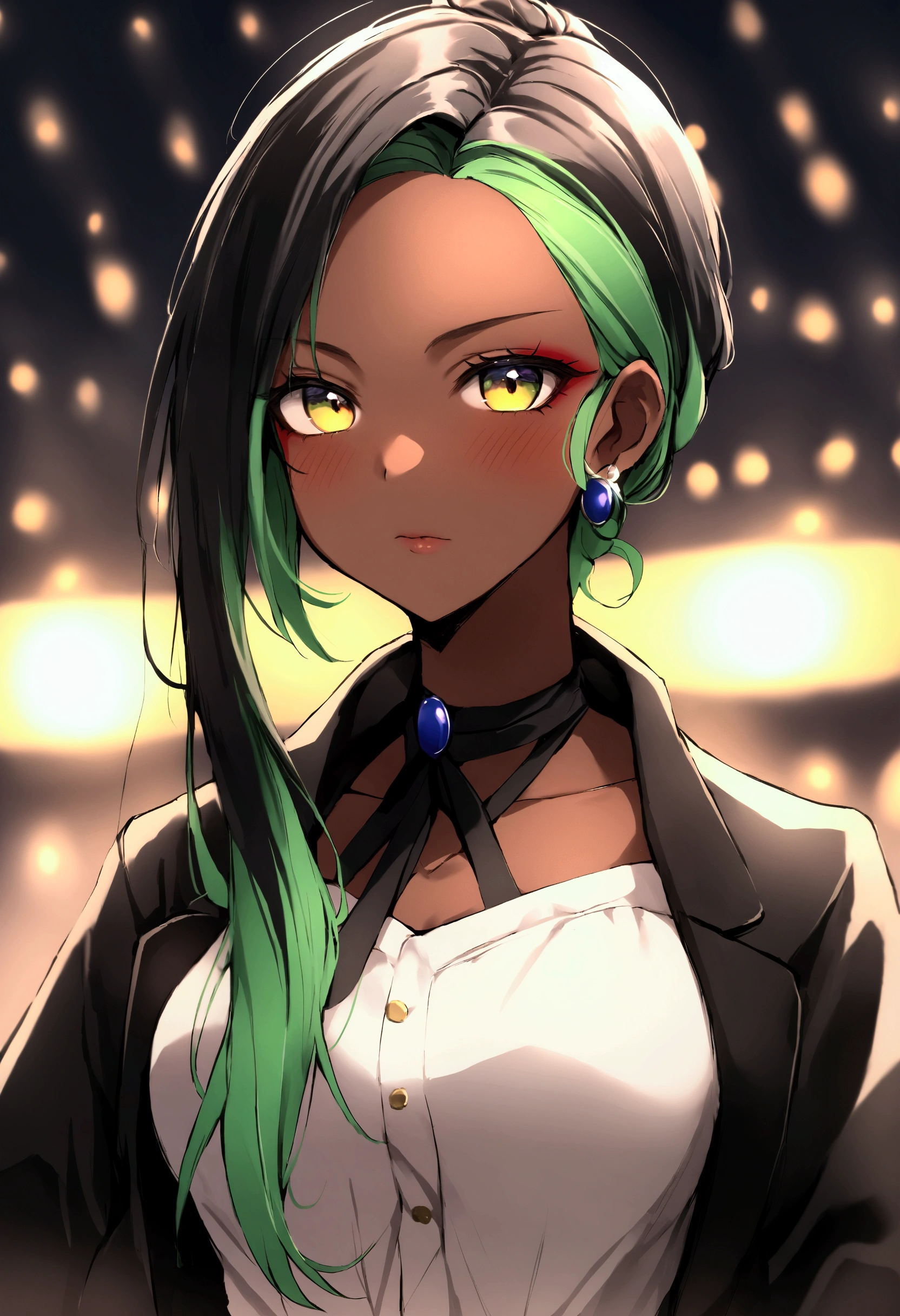 score_9、score_8_up、score_7_up、source_アニメ、Female 1 person、solo、Staring at the audience、LucyKushinada、Multicolored Hair、Asymmetrical hair、Multicolored eyeakeup、(Gal)、Brown skin、Brown skinの女