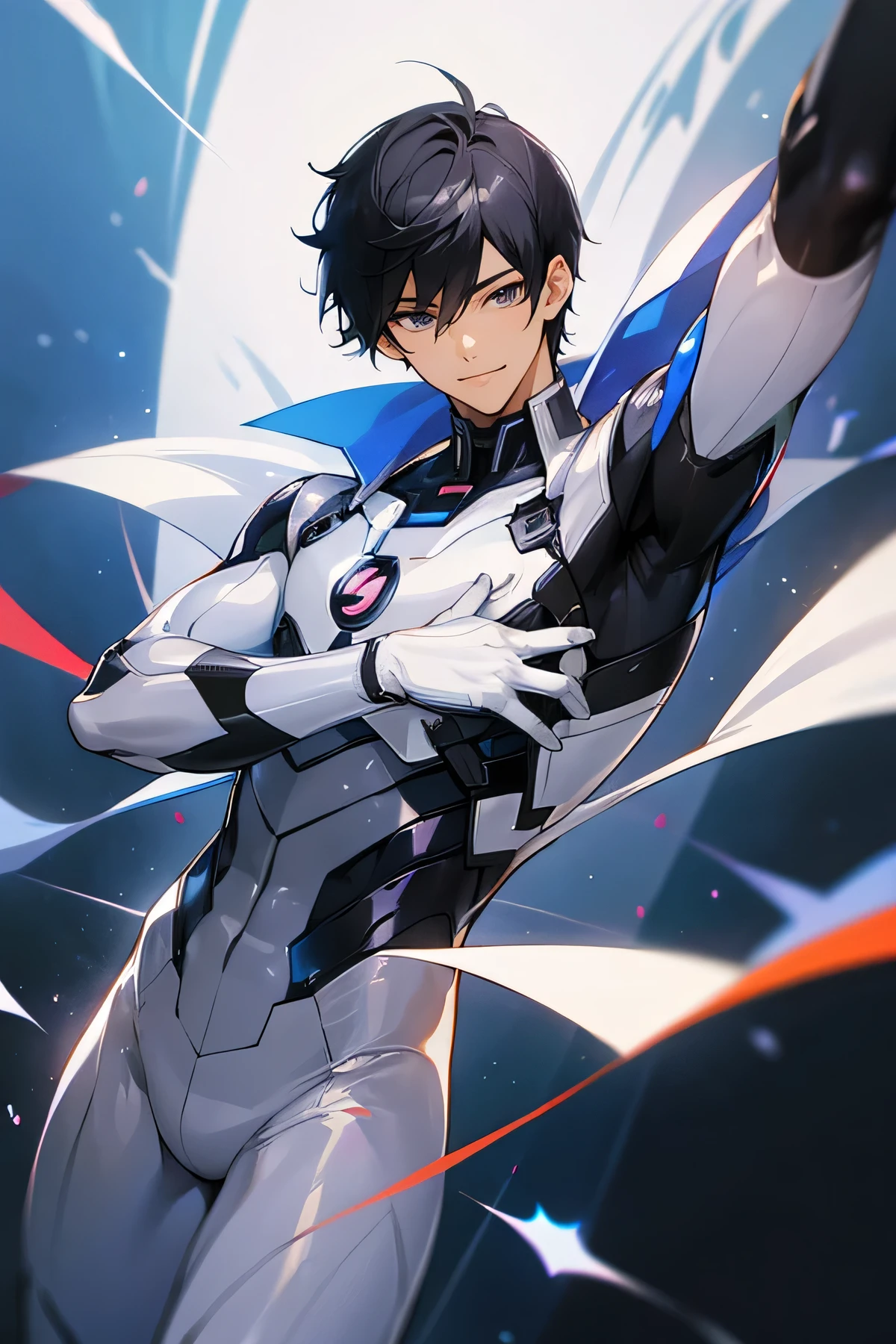 Japanese male handsome model Black Hair Short cut G-I-A-CUT looking at the camera Shiny full-body silver suit Shiny silver latex suit Fierce face Handsome future Metal Body dynamic pose