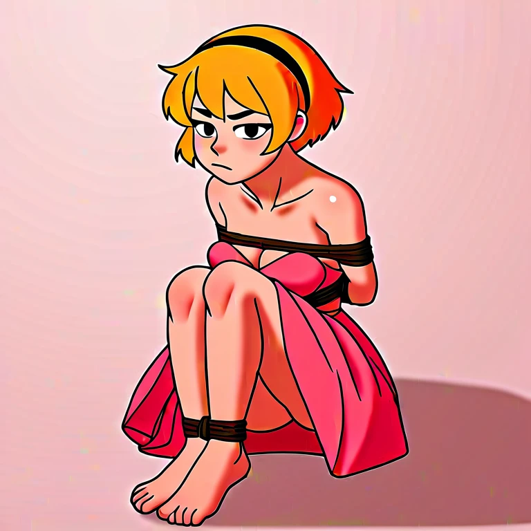 mandygrim, 1girl, blonde hair, hairband, shaped hair, short hair, pointy hair, pink dress, annoyed, zPDXL BREAK , score_9, score_8_up, score_7_up, tied ankles together, tied arms, focus full body, barefoot