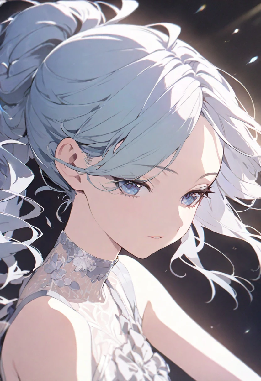 (masterpiece), (best quality), (Extremely detailed),(Messy hair),(illustration), (1 Girl), (Fashion), (Simple background),Beautiful and delicate eyes, Delicate and beautiful face, floating,(High Saturation),(shining), Focus on the face, Ponytail, Light blue hair, Bangs, Hair ring, (shining), Optimal lighting, Best shadow,