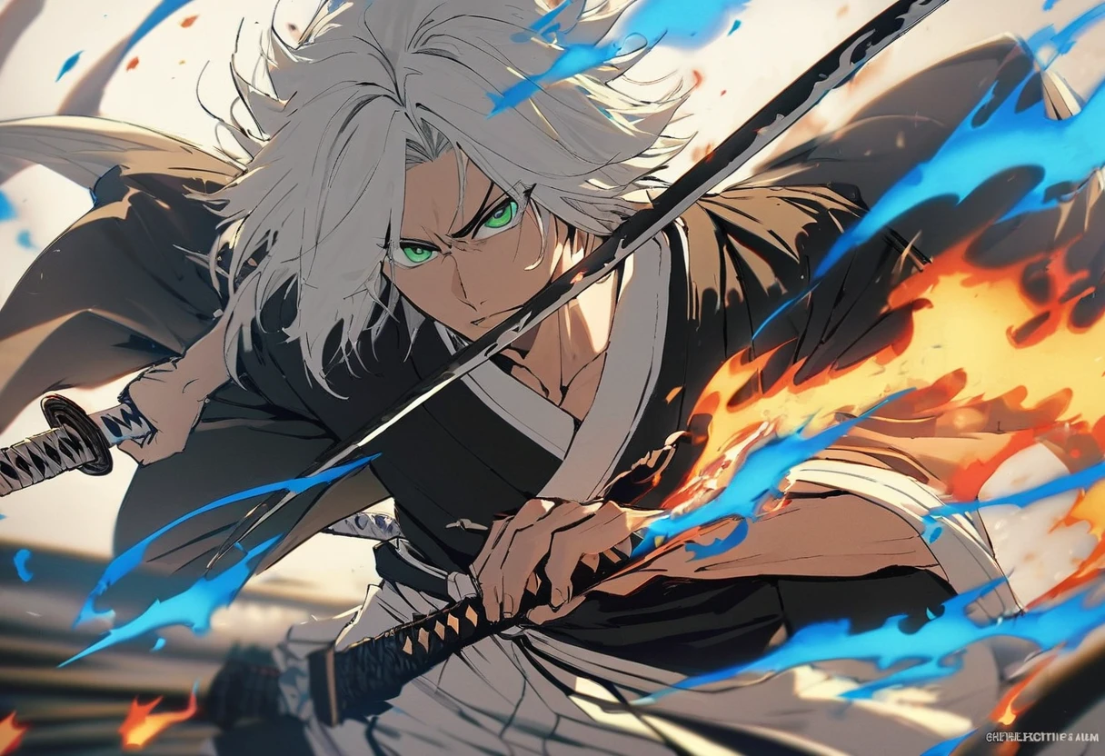 1 young boy, male focus, details Intricate, 1 men, bonitas, White hair, vibrant green eyes, slim muscles, アニメ, 19yearsold, 19 years, a small goatee, kimono de Shinigami, Shinigami, bleach style, bleach, regatta, kimono, bleach, bleach style, katana ( uma katana afiada e longa coberta por Blue flames) , blue flames, Blue flames, katana longa, powerful katana (attacking enemies with your katana making cuts with your flames).