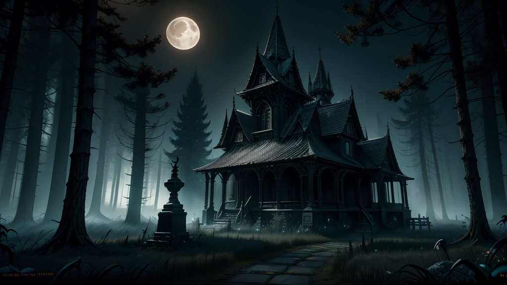 a beautiful haunting moonlit halloween night forest landscape, a dark mysterious cemetery in the background, a winding moonlit forest path, eerie moonlight, horror, spooky, (best quality,4k,8k,highres,masterpiece:1.2),ultra-detailed,(realistic,photorealistic,photo-realistic:1.37),cinematic lighting,dramatic shadows,moody atmosphere,dramatic lighting,vibrant colors,dark and moody,gothic,fantasy, cemetery