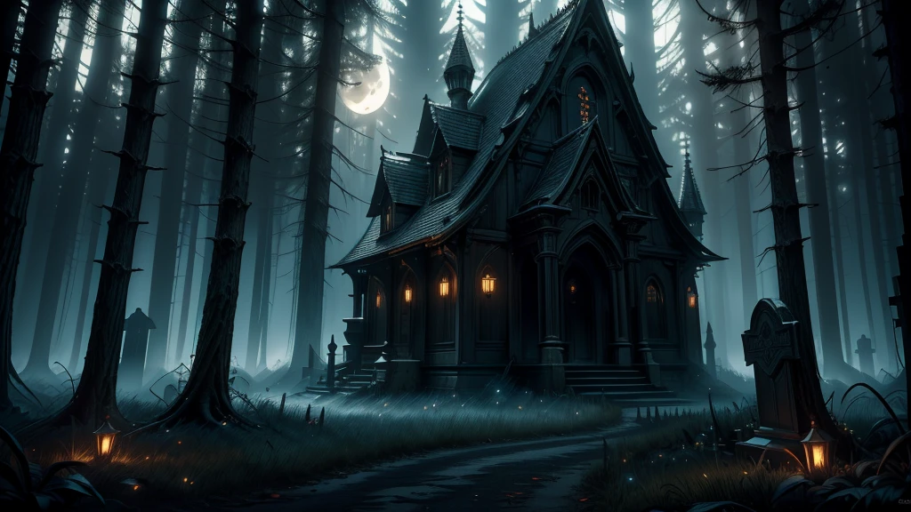 a beautiful haunting moonlit halloween night forest landscape, a dark mysterious cemetery in the background, a winding moonlit forest path, eerie moonlight, horror, spooky, (best quality,4k,8k,highres,masterpiece:1.2),ultra-detailed,(realistic,photorealistic,photo-realistic:1.37),cinematic lighting,dramatic shadows,moody atmosphere,dramatic lighting,vibrant colors,dark and moody,gothic,fantasy, cemetery
