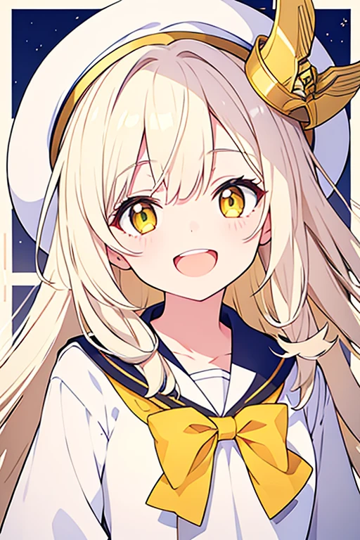 Smiling and open mouth、White hat with gold decoration、Yellow Eyes、Long white hair、Sailor&#39;White uniform