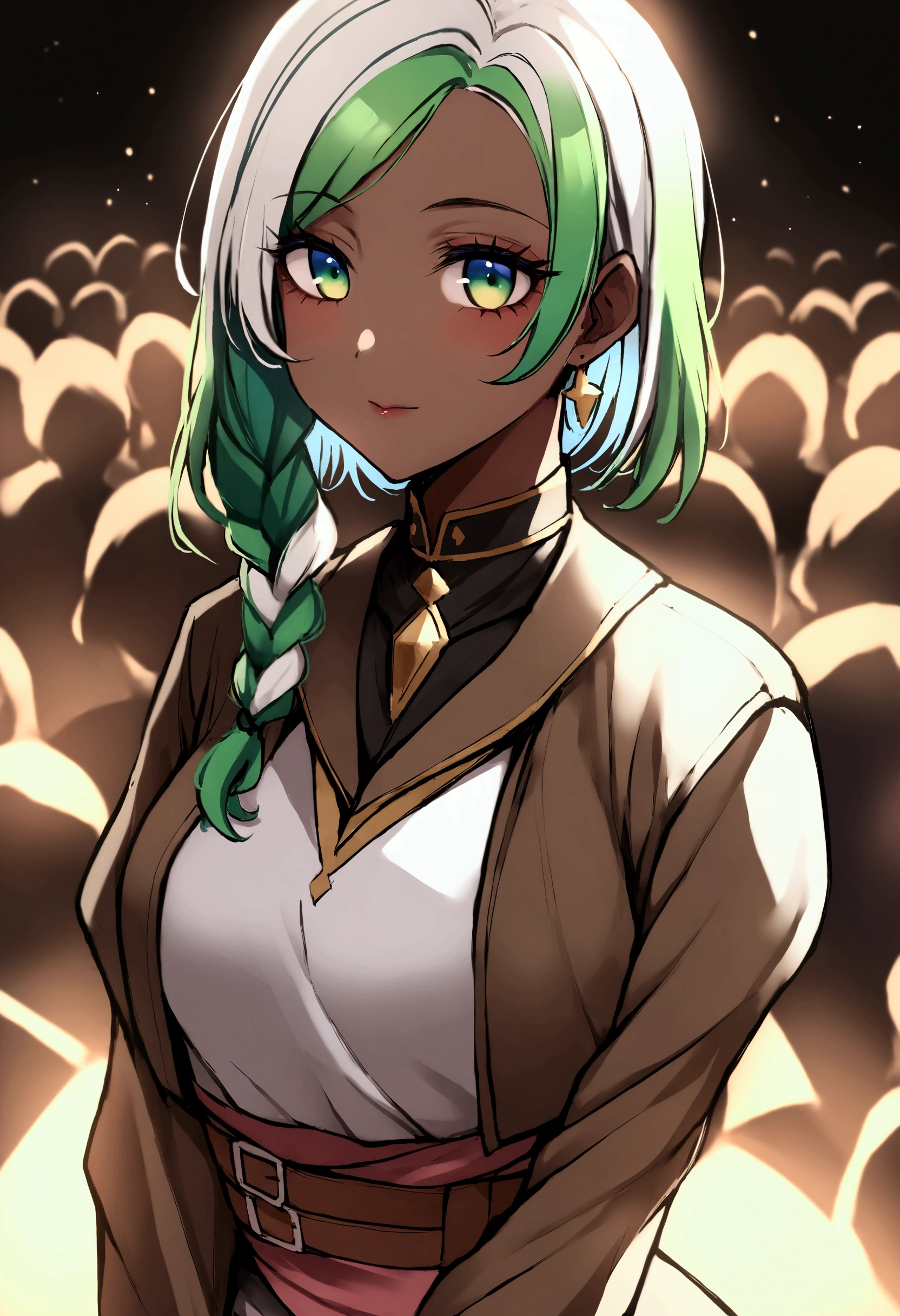 
score_9、score_8_up、score_7_up、source_アニメ、Female 1 person、solo、Staring at the audience、LucyKushinada、Multicolored Hair、Asymmetrical hair、Multicolored eyeakeup、(Gal)、Brown skin、Brown skinの女