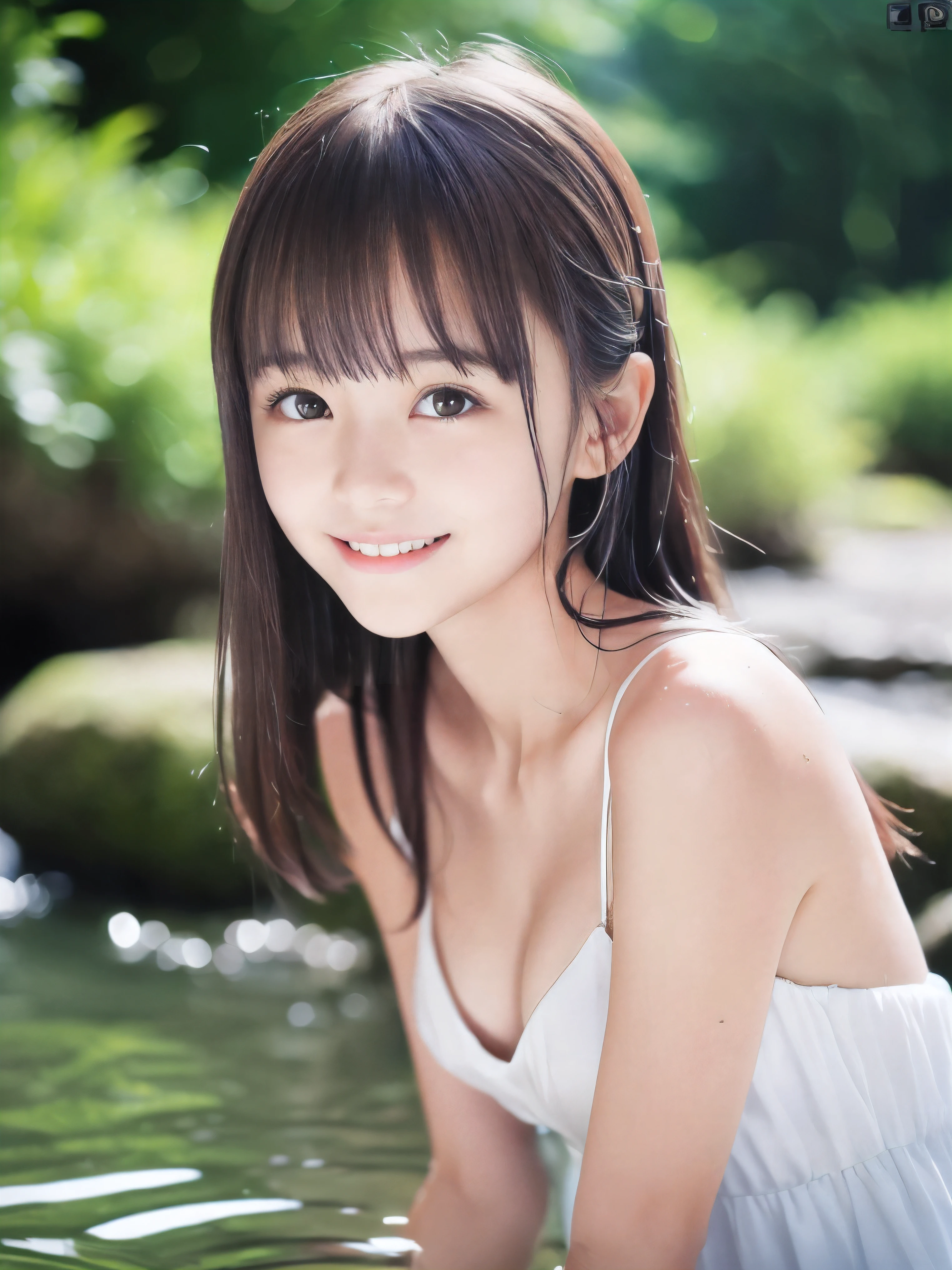 (Close up portrait of slender small-breasted half up brown long hair with bangs girl wearing a white summer dress:1.5)、(One girl is playing with small smile in the clear stream and water fall at the forest in Japan:1.5)、(Summer beautiful blue sky and forest:1.5)、(blurred background:1.5)、(8k ultra detailed master piece:1.5)、(perfect anatomy:1.5)、(Photorealistic stick:1.5)、(Raw photo:1.3)、(highest quality:1.5)、(High resolution:1.3)、(Delicate and beautiful perfect face:1.3)、(Delicate and beautiful eye air skin:1.3)、(Real Human Skin:1.3)、((thin legs))