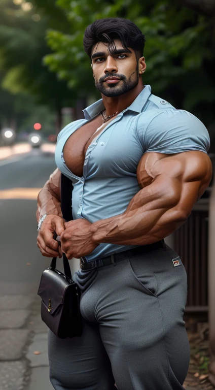 An award-winning original photo, little smiled, dimples, a wild handsome muscular indian man,( 20 years old:1.3), 1boy in one photo, Solo, (looking in camera), (formal shirt with formal trouser), bag in hand, waking on road, from front view, black spiky hair, (big shoulders), musculature, stubbles, beard, earbuds, Beautiful eyes:1.3, ), (Detailed face:1.3), dimples, (holded penis), Dynamic front Angle view, volumetric lighting, (Best quality, A high resolution, Photorealistic), Cinematic lighting, Masterpiece, RAW photo, Intricate details, hdr, depth of field, upper body, His perfect huge bulge,masterpieces