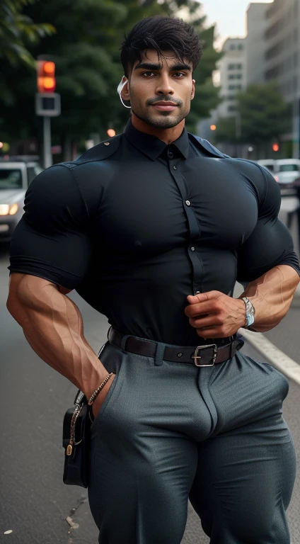 An award-winning original photo, little smiled, dimples, a wild handsome muscular indian man,( 20 years old:1.3), 1boy in one photo, Solo, (looking in camera), (formal shirt with formal trouser), bag in hand, waking on road, from front view, black spiky hair, (big shoulders), musculature, stubbles, beard, earbuds, Beautiful eyes:1.3, ), (Detailed face:1.3), dimples, (holded penis), Dynamic front Angle view, volumetric lighting, (Best quality, A high resolution, Photorealistic), Cinematic lighting, Masterpiece, RAW photo, Intricate details, hdr, depth of field, upper body, His perfect huge bulge,masterpieces