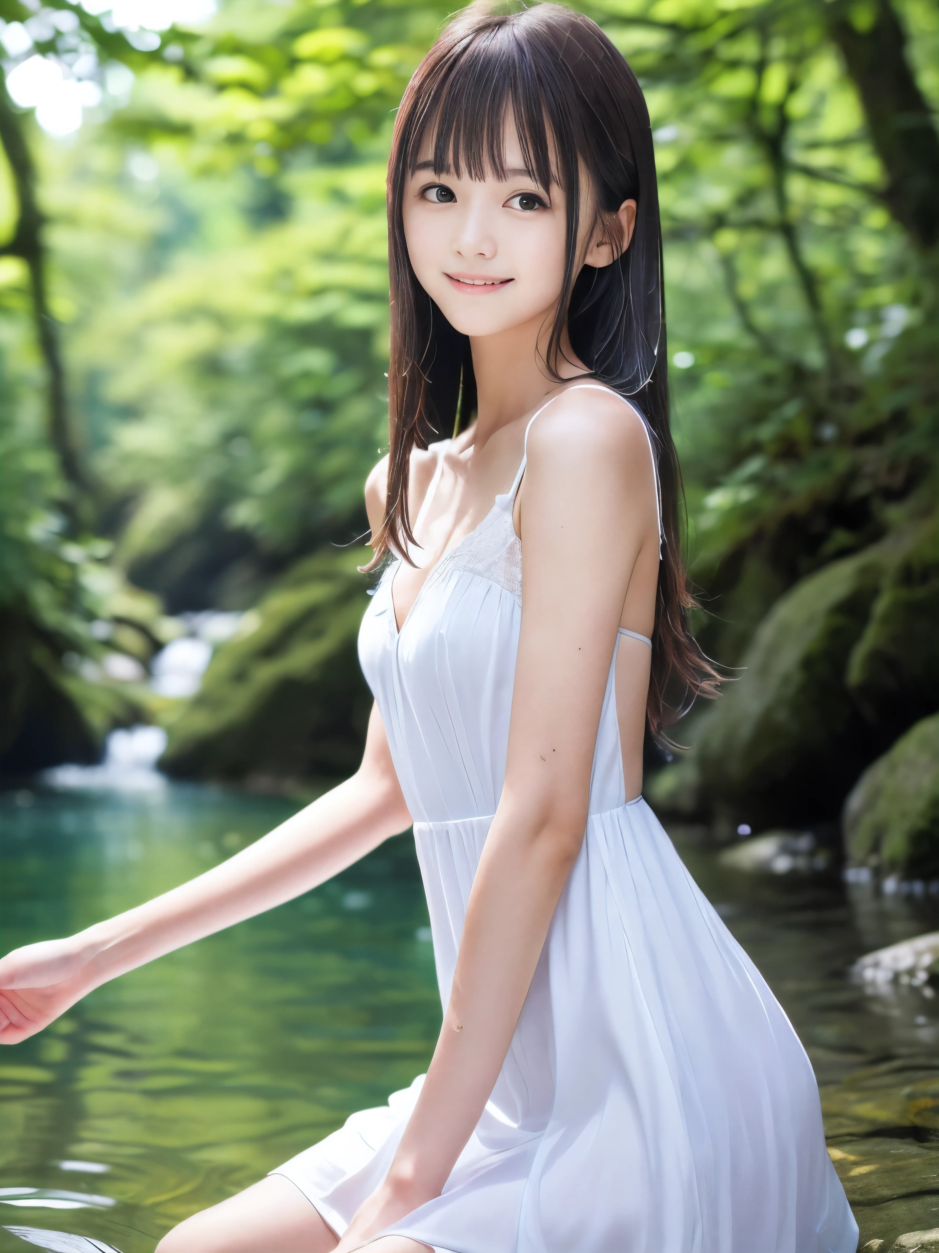 (Close up portrait of slender small-breasted half up brown long hair with bangs girl wearing a white summer dress:1.5)、(One girl is playing with small smile in the clear stream and water fall at the forest in Japan:1.5)、(Summer beautiful blue sky and forest:1.5)、(blurred background:1.5)、(8k ultra detailed master piece:1.5)、(perfect anatomy:1.5)、(Photorealistic stick:1.5)、(Raw photo:1.3)、(highest quality:1.5)、(High resolution:1.3)、(Delicate and beautiful perfect face:1.3)、(Delicate and beautiful eye air skin:1.3)、(Real Human Skin:1.3)、((thin legs))
