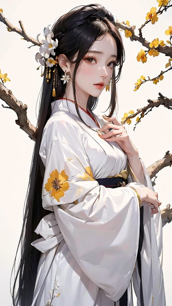 Masterpiece, Best quality, 8k, Cinematic light, Ultra-high resolution, Chinese painting, 1girll, solo, flower, hair adornments, White background, Black hair, hair flower, Chinese art, Hanfu, branch, Long hair, sash, Upper body, Chinese clothes, jewelry, Long sleeves, Earrings, flowering branch,