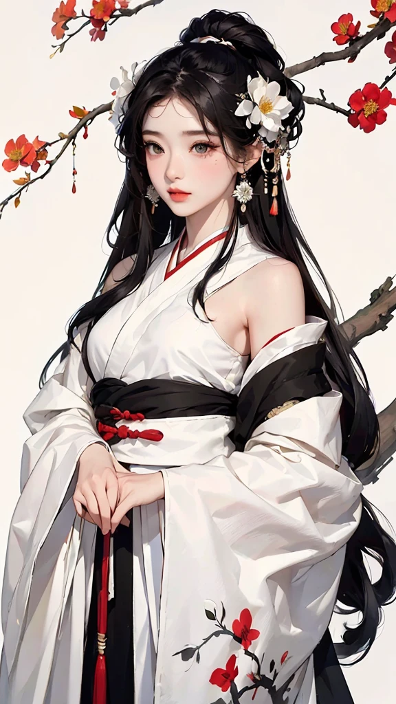 Masterpiece, Best quality, 8k, Cinematic light, Ultra-high resolution, Chinese painting, 1girll, solo, flower, hair adornments, White background, Black hair, hair flower, Chinese art, Hanfu, branch, Long hair, sash, Upper body, Chinese clothes, jewelry, Long sleeves, Earrings, flowering branch,