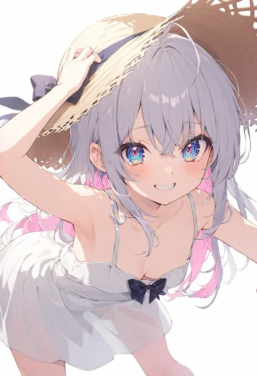 (muste piece), (best quality), (score_9, score_8_up, score_7_up), very detailed eyes, expressive eyes, perfect face, very detailed face, highly detailed face, beautiful girl, 8K, beautiful girl, white background, delicate and beautiful face and eyes, dark intense shadow,
1 girl, vtuber style, cool girl, hololive, Kagura , Silver hair and pink colored inner hair, long hair, blue eyes, hair between eyes, ahoge, see-through:white sundress, sleeveless dress, suspender dress, dress bow, bent over, armpit, one hand on head, small chest, Cleavage, cropped shoulders, clavicle, charm smile, blush, (full body), straw hat, naked thighs, sandals, standing,
