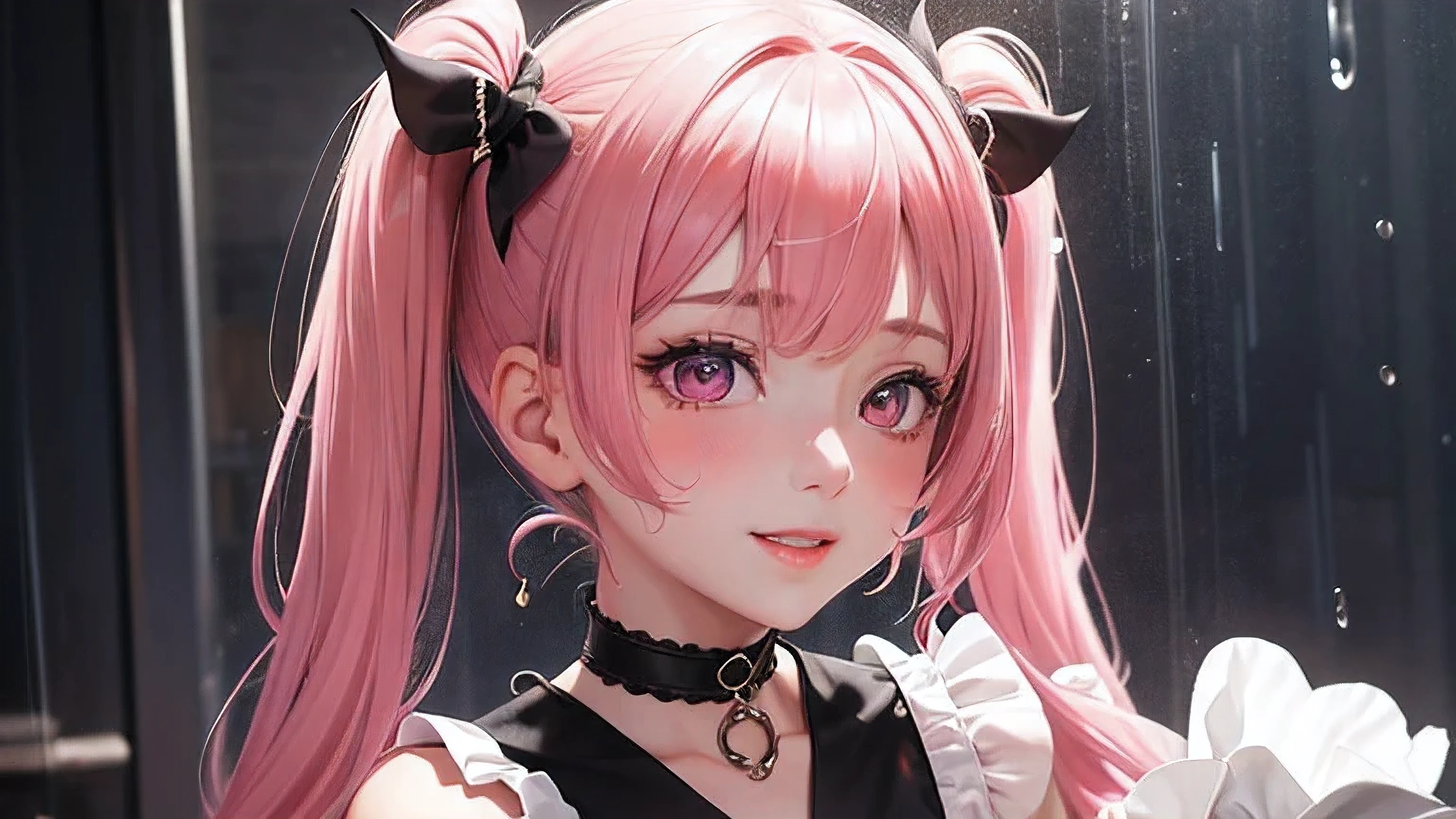 masterpiece, best quality, highly detailed, high resolution, expensive resolution, high resolution, 4k, 8k, uniform 8k wallpaper, highly detailed CG, masterpiece, 2d, 3d, beautiful details, depth, fine texture, best quality: 1.3, perfectly focused, sharp. skin, him, very cute anime girl, her name is Mei, short pigtails, idol, in the rain, expensive pink short pigtails, mole under eye, looking at the viewer, expensive, blush, mole, open lips, pink eyes, heart shaped choker, smiling face