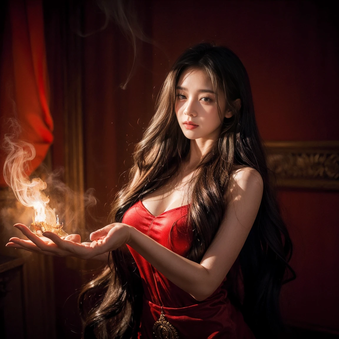 realistic, photorealistic, real photo, ethereal young cat-girl with long flowing hair, stunning beauty, a magical ancient place, surrounded by glowing red energy. Her delicate body is surrounded by smoke, capturing the emotional moment of her awakening, in dynamic pose, moody, dark theme,