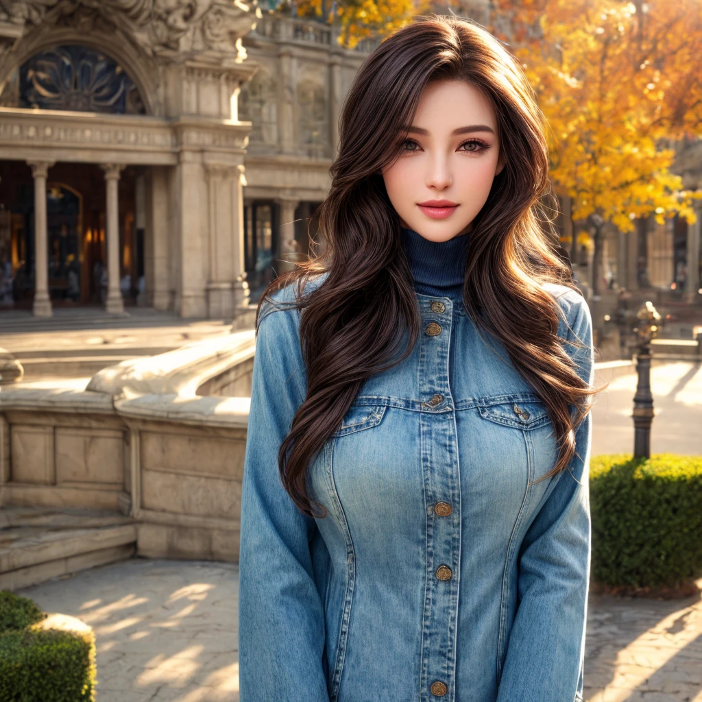 a beautiful young woman in a casual outfit, lady bikers, detailed face, alluring eyes, full lips, large bust, turtle neck t-shirt, denim jacket, outdoor date setting, soft lighting, warm colors, (best quality,4k,8k,highres,masterpiece:1.2),ultra-detailed,(realistic,photorealistic,photo-realistic:1.37),cinematic,beautiful detailed eyes,beautiful detailed lips,extremely detailed face and eyes,long eyelashes,intricate clothing textures,elegant posing,warm smile,romantic atmosphere