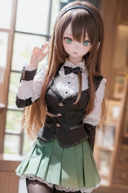 (SFW:2), photorealistic, realistic photo, 8k, ((highest quality)), ((masterpiece)), (extremely detailed), kukolnydom, doll, (mature woman, 21yo, 21 years old, solo:1.6), ((cowboy shot, stylish pose, slim, slender, skinny, medium breasts, hairband, ascot, vest, blouse, long puff sleeves, pleated skirt, black pantyhose)), (green eyes, brown hair, long hair, plastic skin, looking at another, glass eyes, gradient eyes, shining eyes, detailed eyes:1.3)