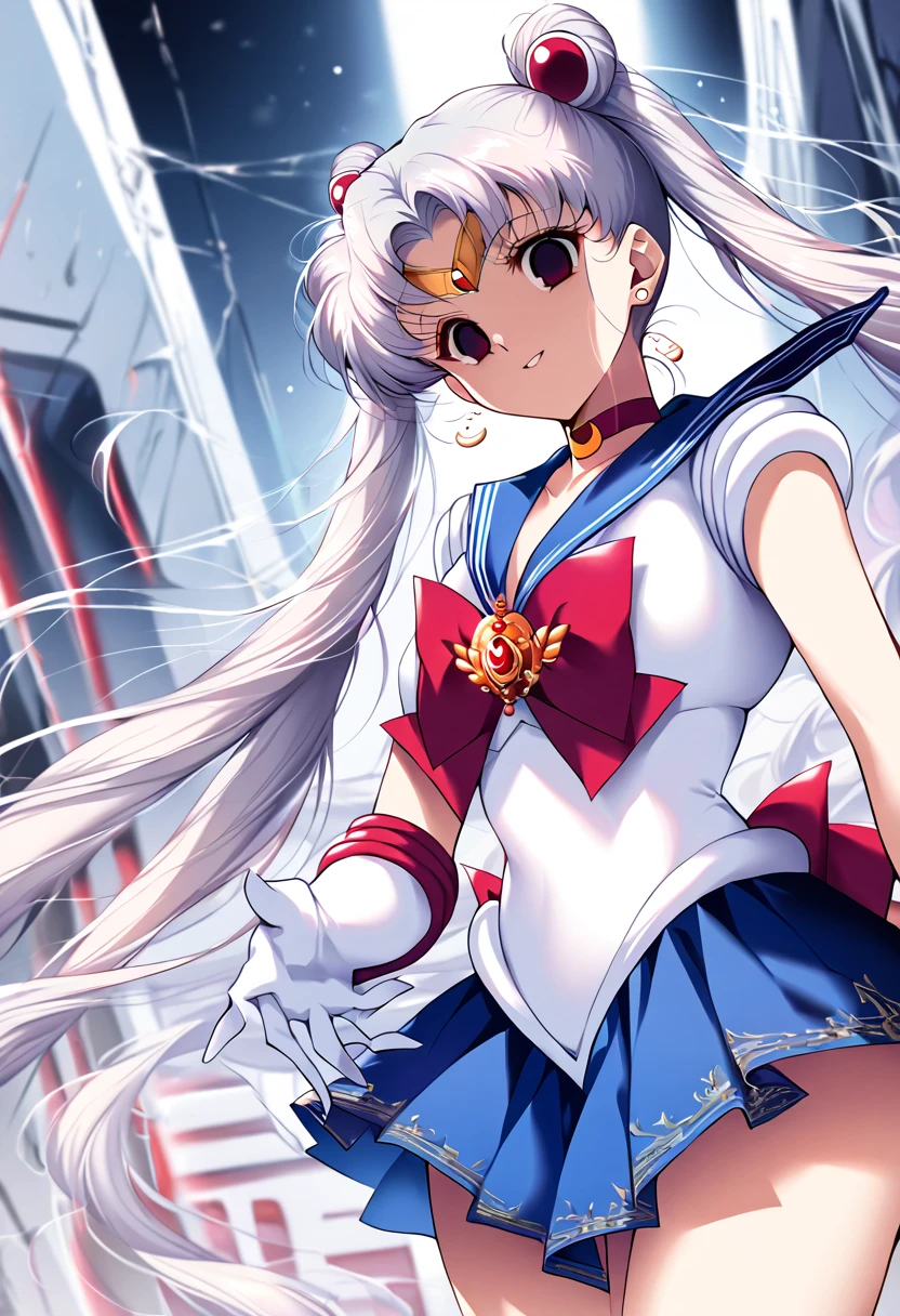 (masterpiece, Highest quality, so beautiful, Super detailed), Intricate details, 12k, Honestly, Long Hair, Double Bang, Twin tails, Parted bangs, tiara, Earrings, red eyes, Red choker, Blue sailor collar, Red Bow, White shirt, Elbow hand pockets, White gloves, Blue Skirt, Are standing, Cowboy Shot,,(evil smile:1.2), 1girl,(Silver Hair:1.4),(empty eyes,:1.4),from below,looking dawn,dark aura,View your viewers