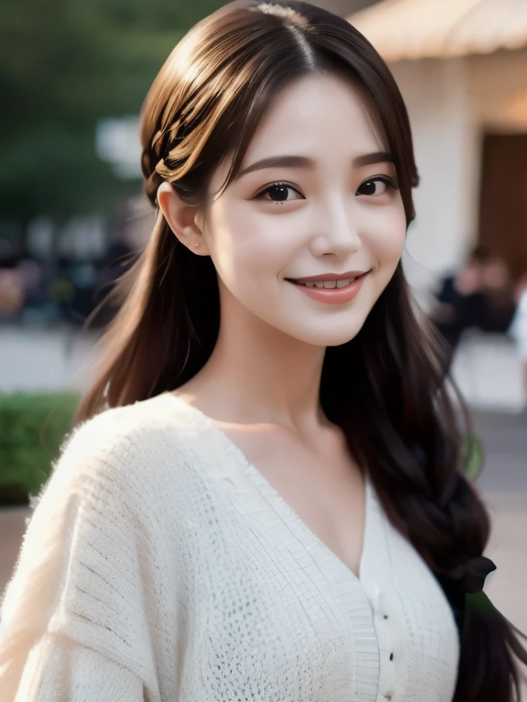 ((highest quality, 8k, masterpiece: 1.3)), 1girl,25yo,close up,long braids ,smiling, white top, long skirt,