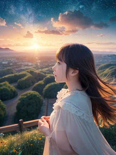 Absurd, High resolution, (Official Art, beautifully、beautiful:1.2),一peopleの女の子, (people々is far away), Bright sky, A vast world, stare, Awe-inspiring expressions, Distant Horizon, cloud, High Hill, Natural Beauty, Inspiration, Night Sky, Twinkle Star、10 years old、beautiful girl