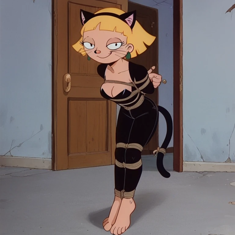 olga pataki, blonde, black headband, earrings, short hair, cat ears, painted face, whiskers, halloween, cleavage, see through thigh black catsuit, tail, smile, half-closed eyes, costum, front door, looking at viewer, retro style, tied ankles together, tied arms , barefoot, Focus full body