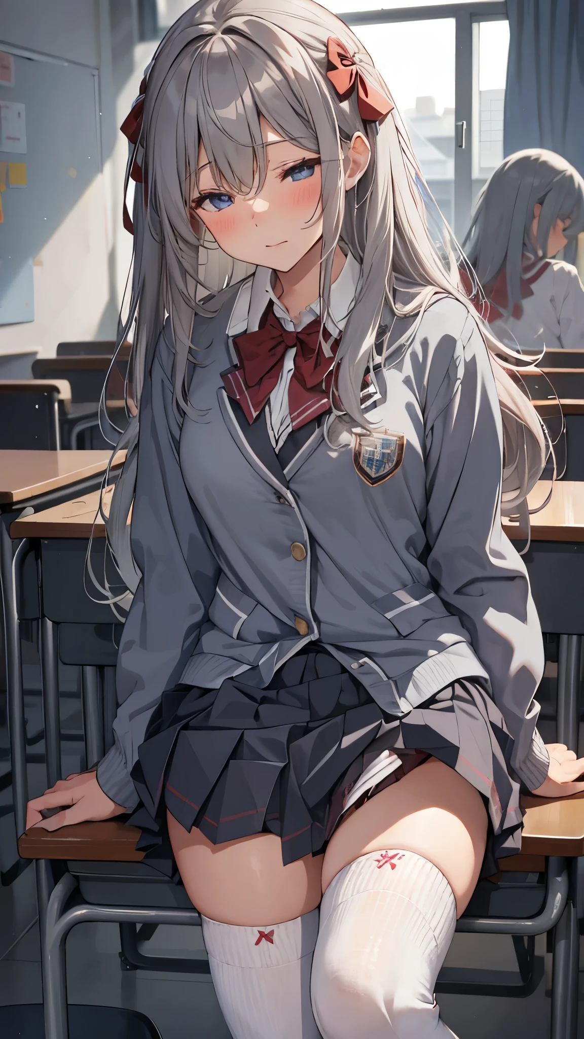 best quality,1girl,solo,alisa mikhailovna kujou,long hair,bangs,blue eyes,hair ribbon,ahoge,grey hair,red ribbon,skirt,shirt,long sleeves,bow,school uniform,jacket,white shirt,pleated skirt,collared shirt,bowtie,black skirt,red bow,red bowtie,blazer,grey blazer,long sleeves,classroom,blush,white thighhighs,front view,shouting,leaning_forward,> <, closed eyes,,arms_behind_back,