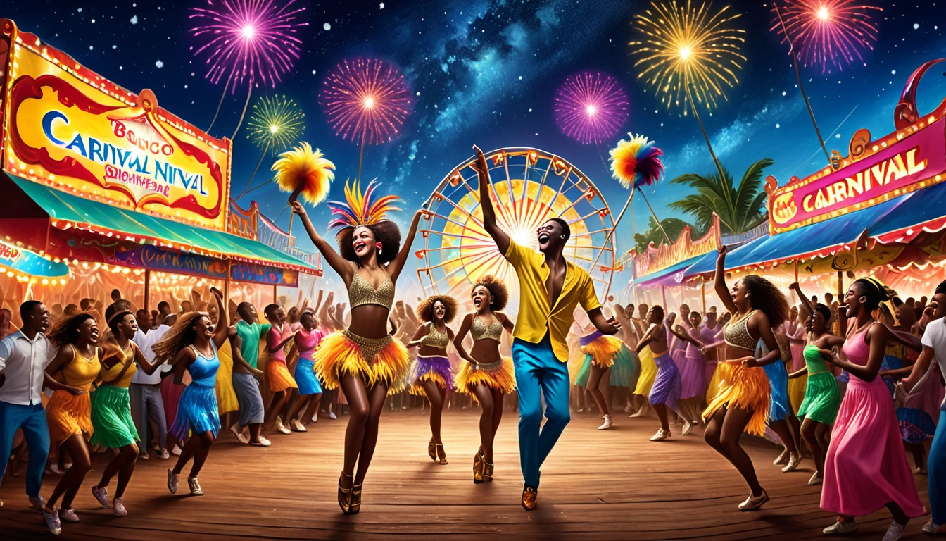(best quality, masterpiece, ultra detailed, ultra high res, photorealistic, raw photo, absolutely resolution), Vibrant carnival scene with energetic dancers, pulsing bongo rhythms, and a starry night sky. Shimmering sweat, passionate expressions, and a sense of unbridled joy and unity fill the frame.