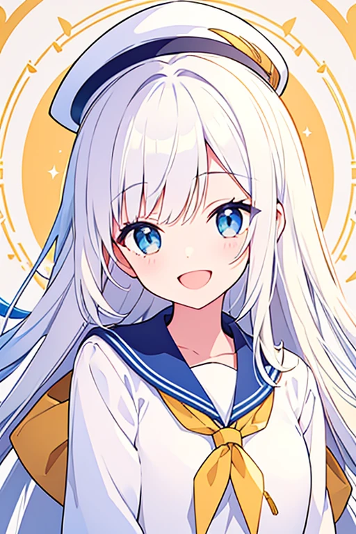 Smiling and open mouth、White hat with gold decoration、Long white hair、Sailor'White uniform