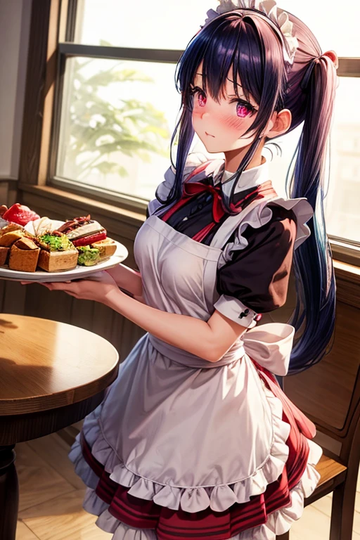One woman,Cafe Waitress,Navy Blue Hair,Twin tails,big tail,Red ta Maid,apron,Deep pink eyes,blush,Embarrassed face