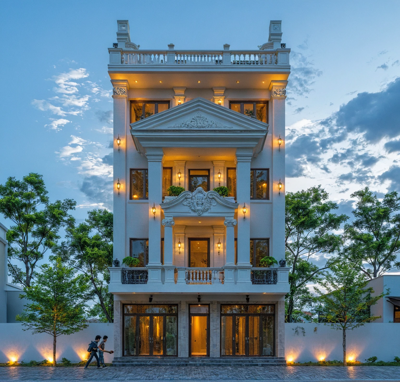 Masterpiece, high quality, best quality, authentic, super detail, outdoors, aiaigroup, house style modern , white wall , pavement, grass, trees, dusk sky, cloud, (daylight:1.1)