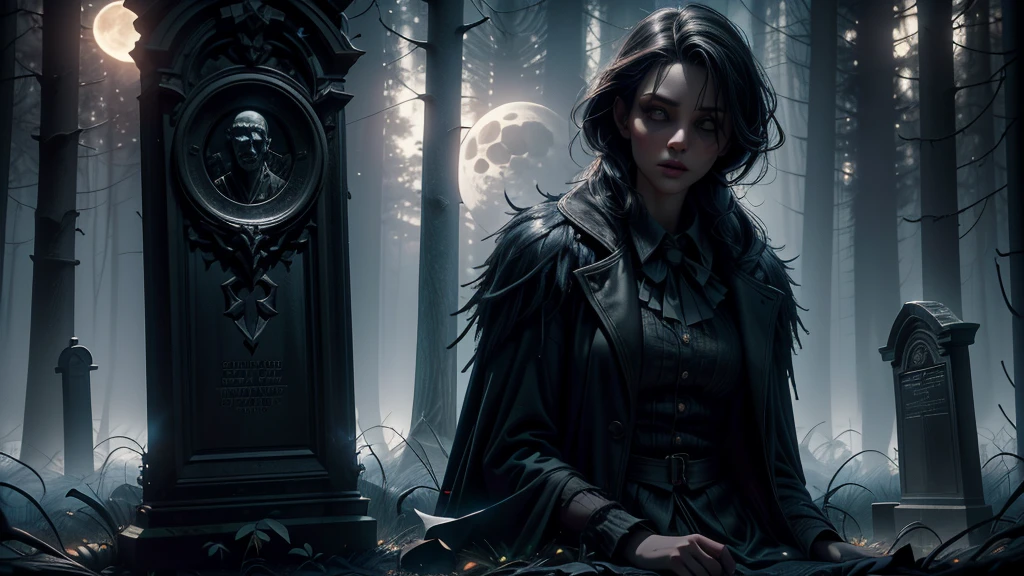 masterpiece, best quality, horror, portrait of a beautiful woman in leather cape, holding single candle in hand, nervously looking around, (barely visible ghost spirits flying around:1.2), at night graveyard, matching eyes, art by greg rutkowski
