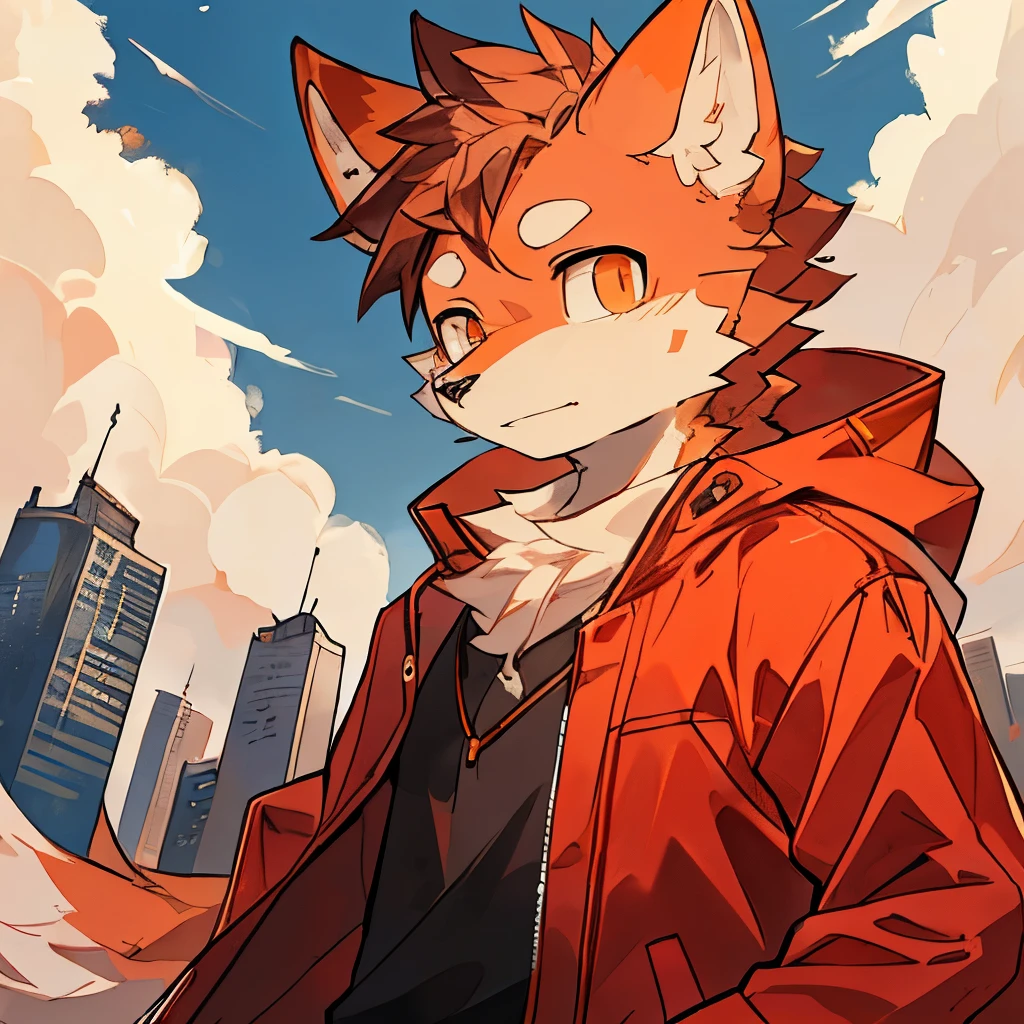 masterpiece, best quality, side, hairy, male, 18 years old,(Wolf), (Orange fur all over), Solitary, Handsome, (Wear an orange coat ), Relatively loose,City, avatar, Upper Body, Dynamic Angle, cloud, Detailed background, blue sky, Sunlight