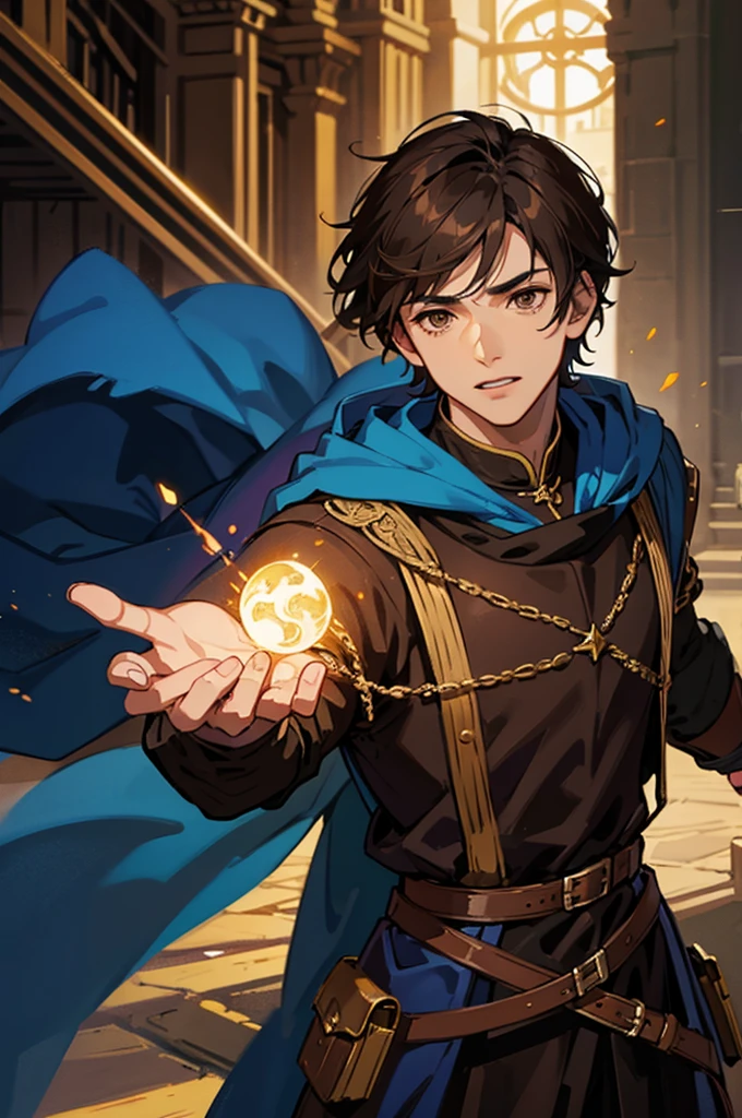 male, man, dark brown hair, short hair, brown eyes, fantasy, medieval clothes, mage, magic