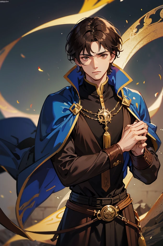 male, man, dark brown hair, short hair, brown eyes, fantasy, medieval clothes, mage, magic