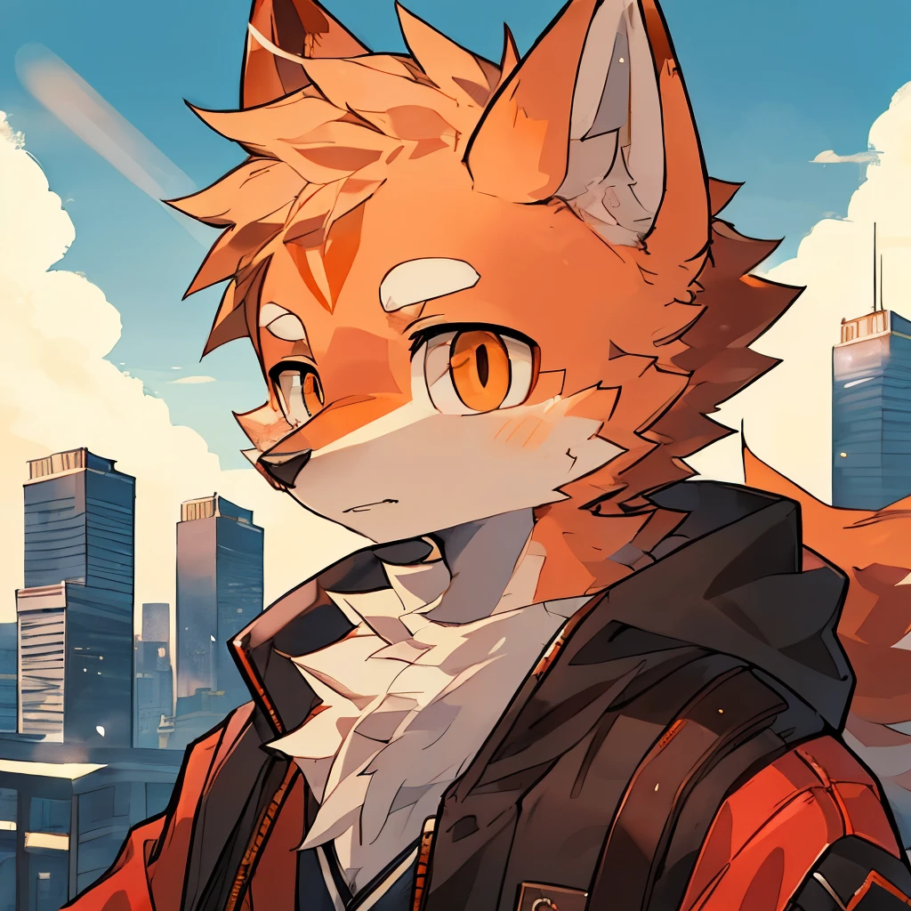 masterpiece, best quality, side, hairy, male, 18 years old,(Wolf), (Orange fur all over), Solitary, Handsome, (Wear an orange coat ), Relatively loose,City, avatar, Upper Body, Dynamic Angle, cloud, Detailed background, blue sky, Sunlight