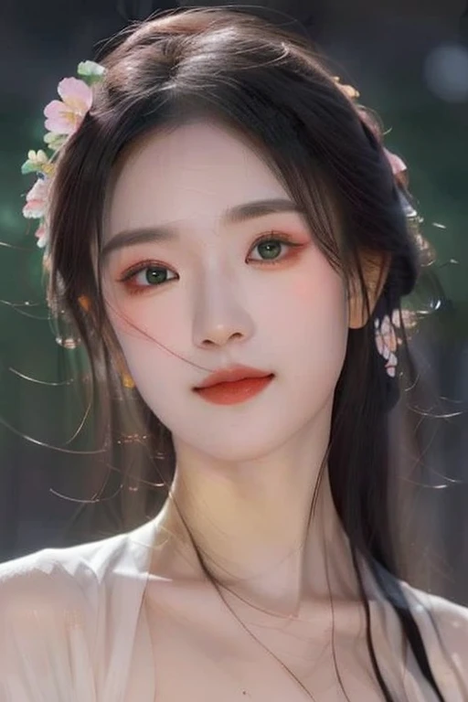 Xingxian，Apparition，apricot，Apricot blossoms on the head，Branches，Holding an apricot blossom，Smiling，Green makeup jadeite，Dan face Sai rouge。The starry eye is still bright，The moth eyebrows are beautiful and aligned。avatar，Face