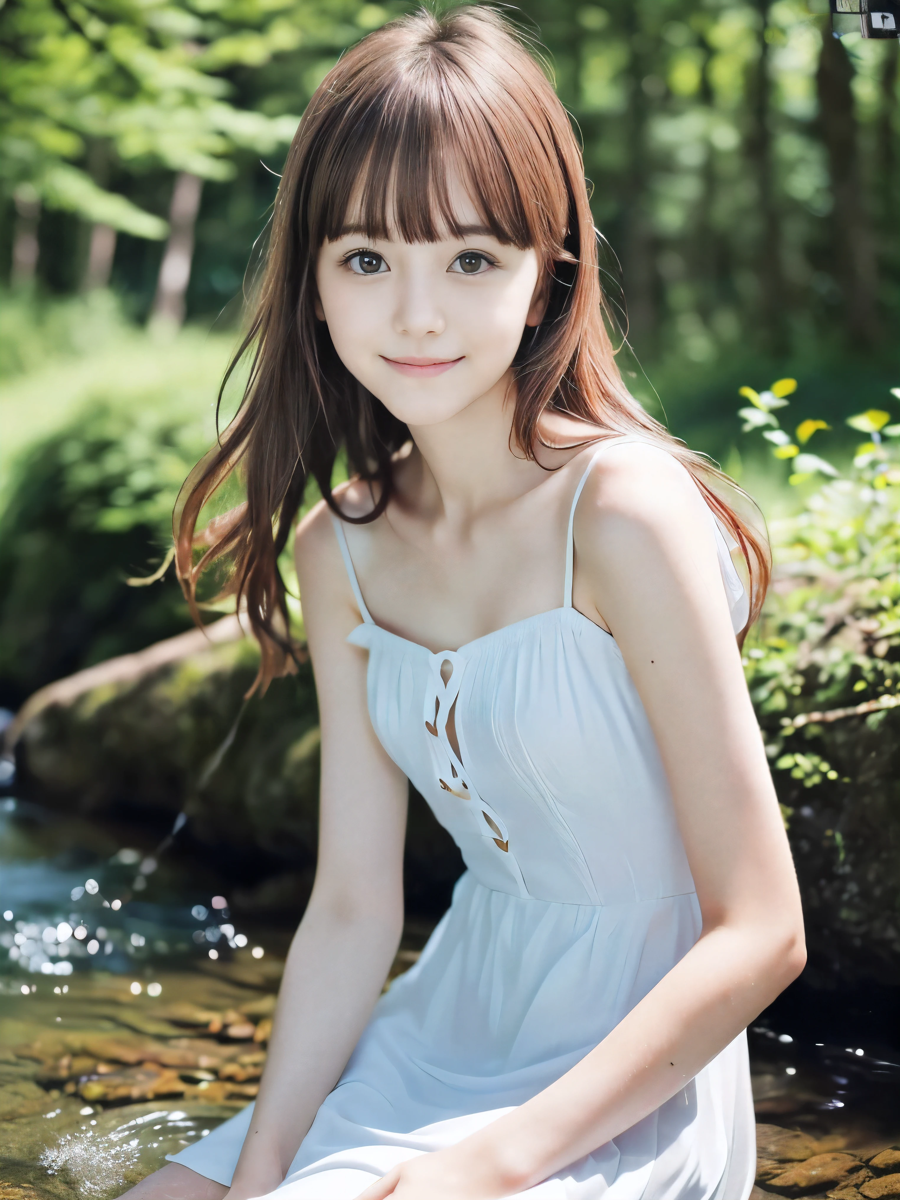 (Close up portrait of slender small-breasted red brown wavy long hair with dull bangs girl wearing a white summer dress:1.5)、(One girl is playing with shy smile in the clear stream and water fall at the forest in Japan:1.5)、(Summer beautiful blue sky and forest:1.5)、(blurred background:1.5)、(8k ultra detailed master piece:1.5)、(perfect anatomy:1.5)、(Photorealistic stick:1.5)、(Raw photo:1.3)、(highest quality:1.5)、(High resolution:1.3)、(Delicate and beautiful perfect face:1.3)、(Delicate and beautiful eye air skin:1.3)、(Real Human Skin:1.3)、((thin legs))