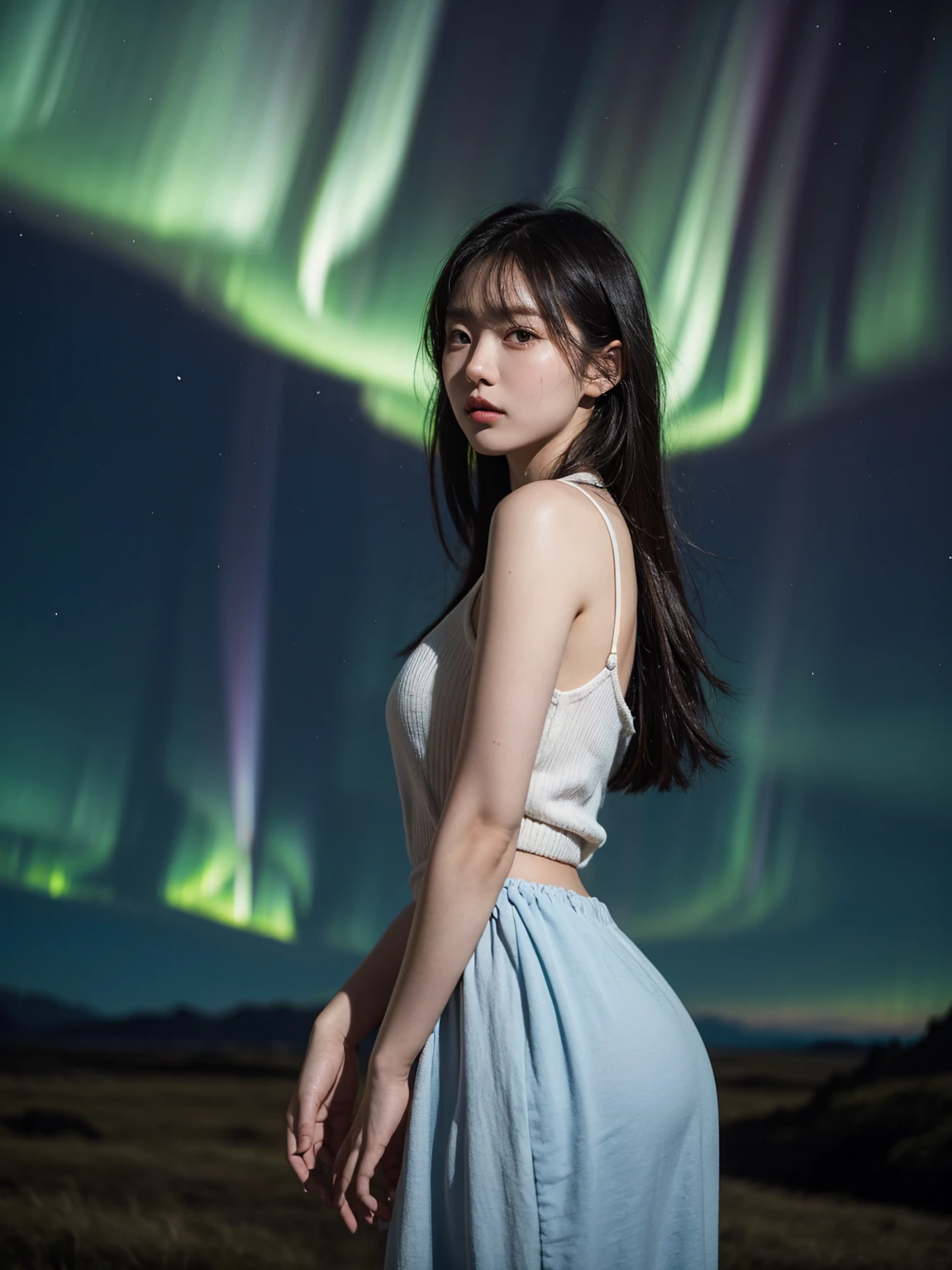 Aurora Background, Iceland, 1 woman, stylish clothes, Medium shot close-up up to the waist