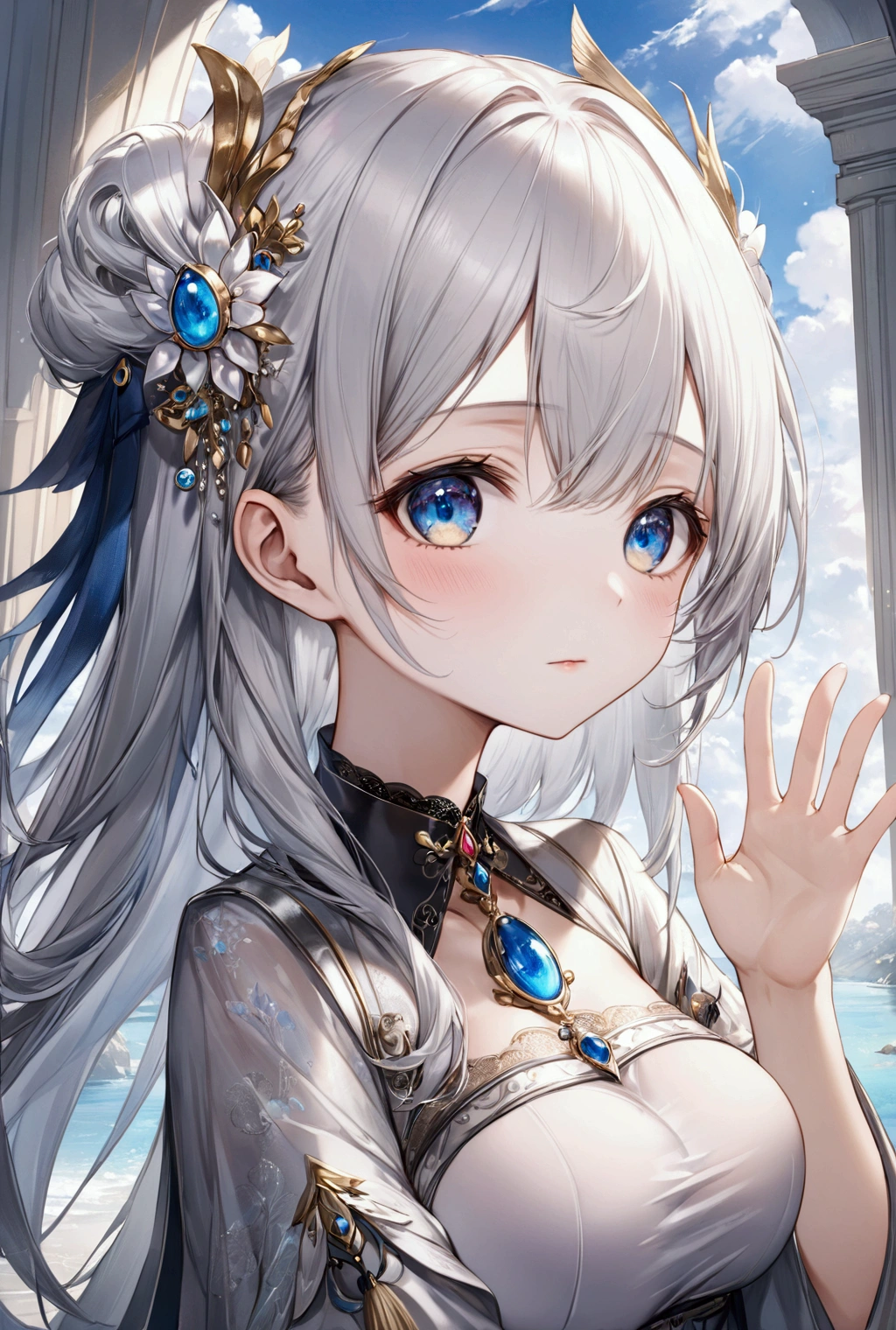 (Highest quality, 8k, 32K, masterpiece, Ultra-high resolution,:1.2),to be born, One Girl,So cute , hair ornaments, eye, Multicolored Hair,Upper Body, silver hair, collar, 銀色のFantasy背景, clear, 輝くeye, Age 25 ,Fair skin, Girl with silver hair, Long Hair, Innocenceな笑顔, Large Breasts, Fantasy, Innocence, Raising hand