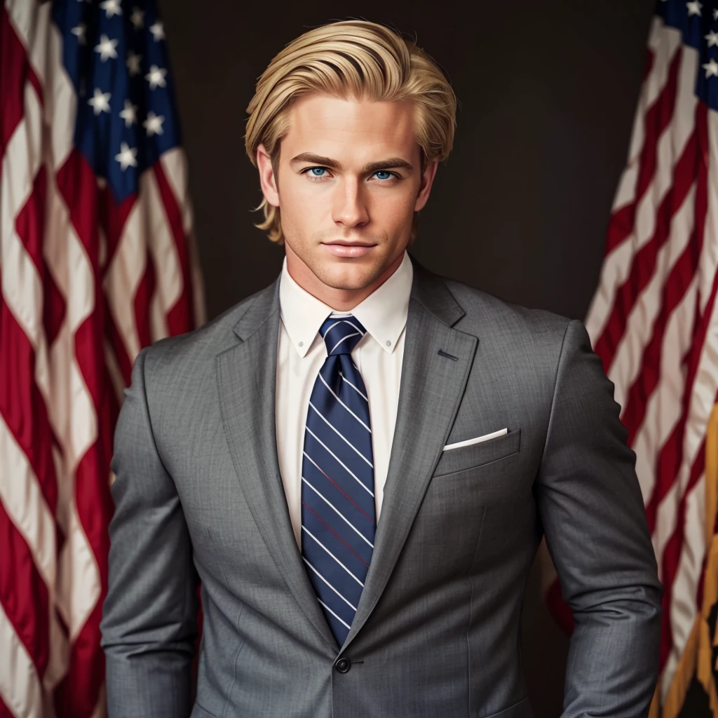Handsome American man with blonde hair and masculine build. He is wearing a classic dark American suit. There is an American flag in the background.