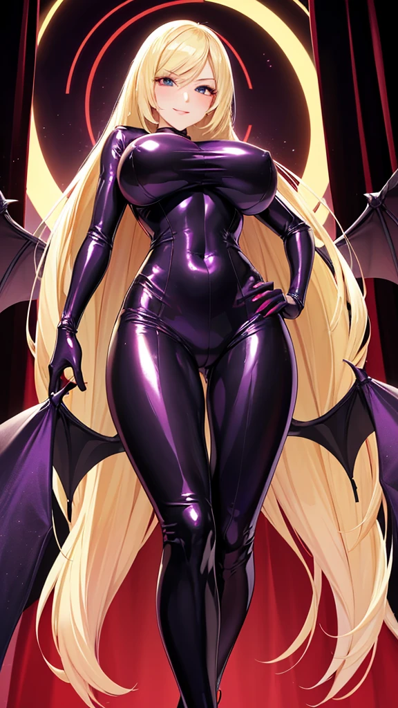 erotic Lusamine, expensive, Big Breasts, blonde, mature, Married women, Wearing a shiny purple rubber suit、邪evilな女戦闘員, Red and black background, heart, Bedroom, Dark Theme, evil, lure, excited, Condescending smile, Sexy pose, Upper Body, Angle from below, Bat Wings